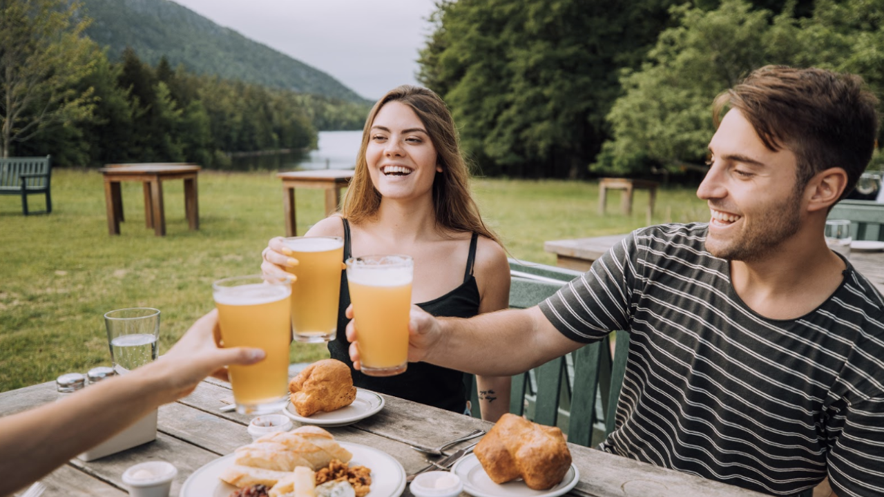 Friends enjoying a meal near Acadia National Park, Maine