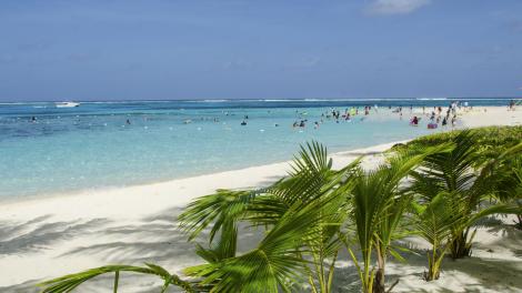 塞班岛军舰岛环绕着棕榈树的海滩