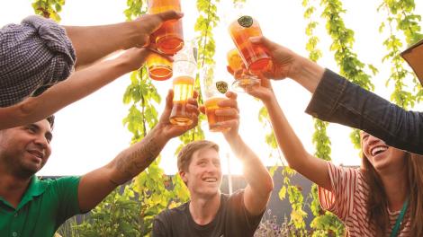 在俄勒冈州尤金市的 Hop Valley Brewing 啤酒公司举杯相庆