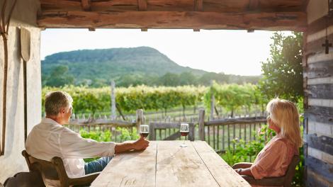 在德克萨斯州峡谷湖的 La Cruz de Comal Wines 酒庄，一边品味佳酿，一边欣赏葡萄园美景