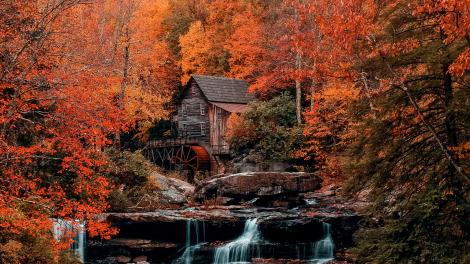 西弗吉尼亚州巴布科克州立公园内一座历史悠久的磨坊和迷人的秋色
