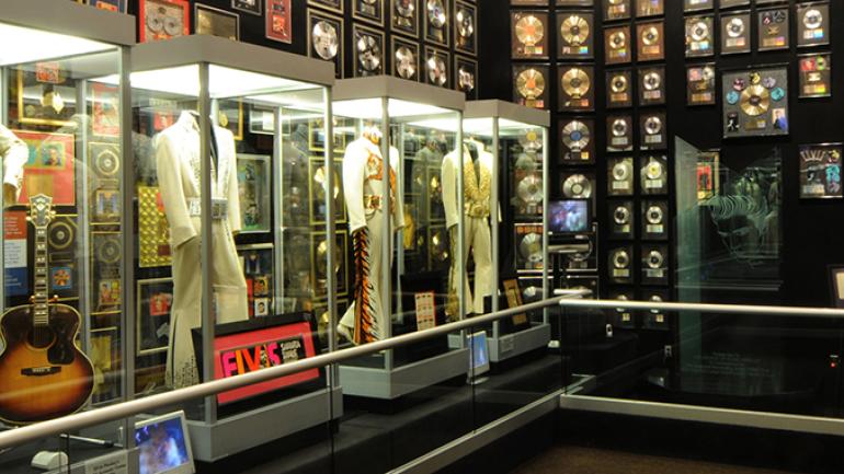 Memorabilia on display in the former racquetball room at Graceland