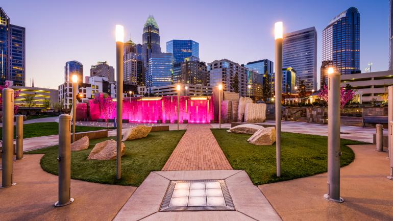 City skyline as a backdrop to Romare Bearden Park