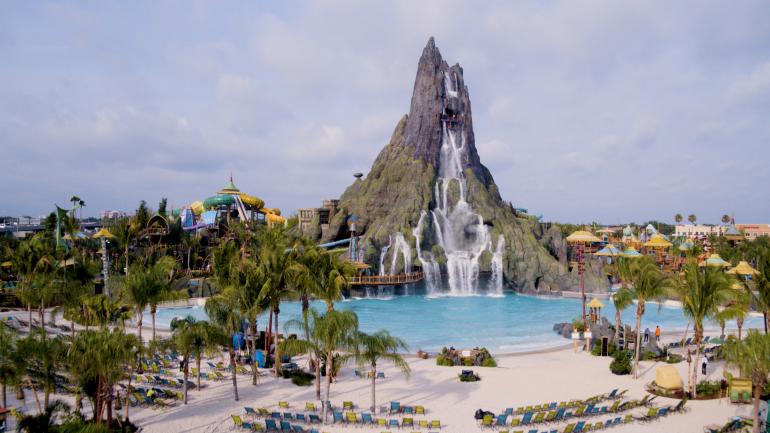 An aerial view of Waturi Beach at Universal's Volcano Bay