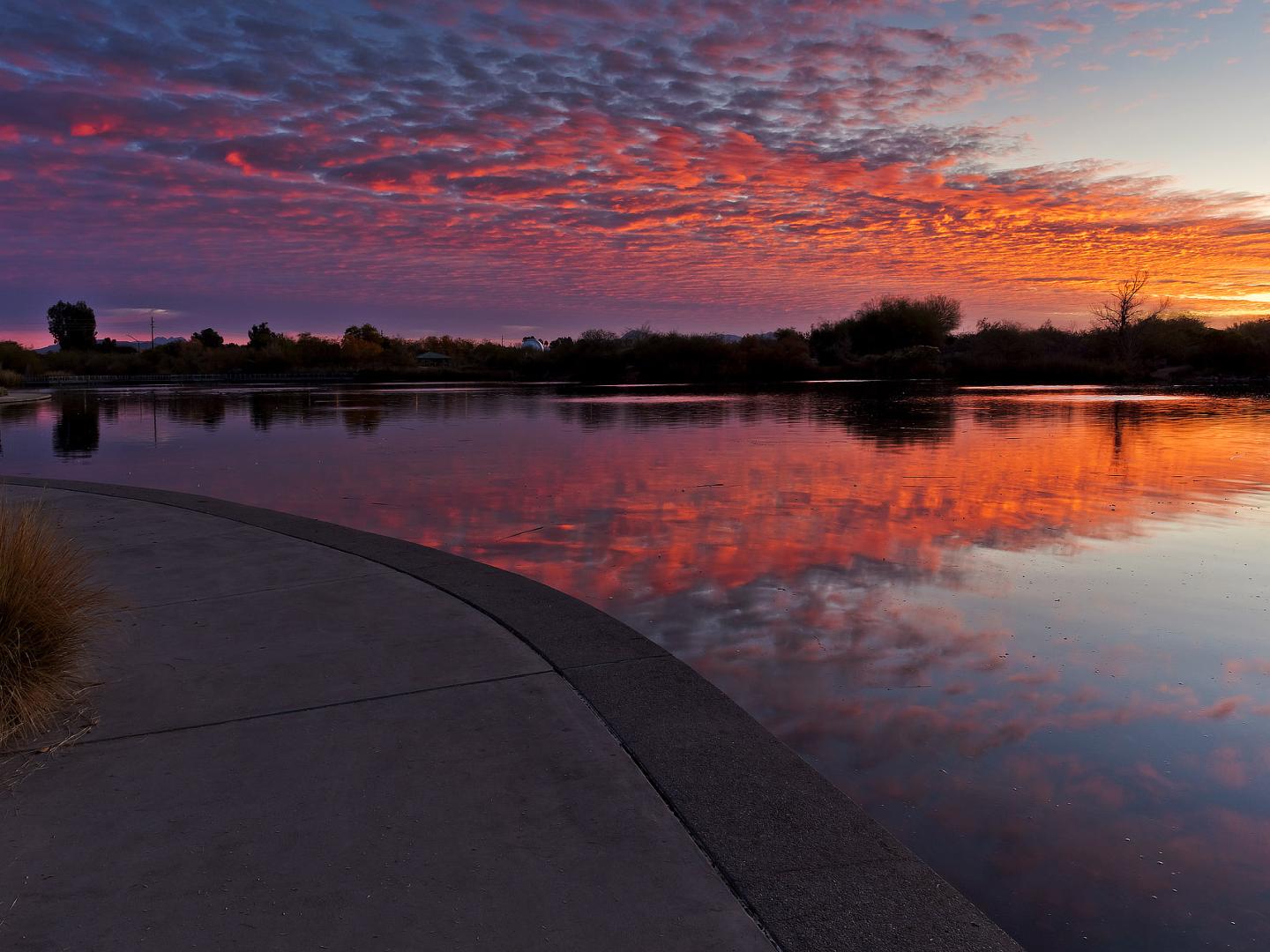 Sonnenuntergang über dem Riparian Preserve at Water Ranch in Gilbert, Arizona