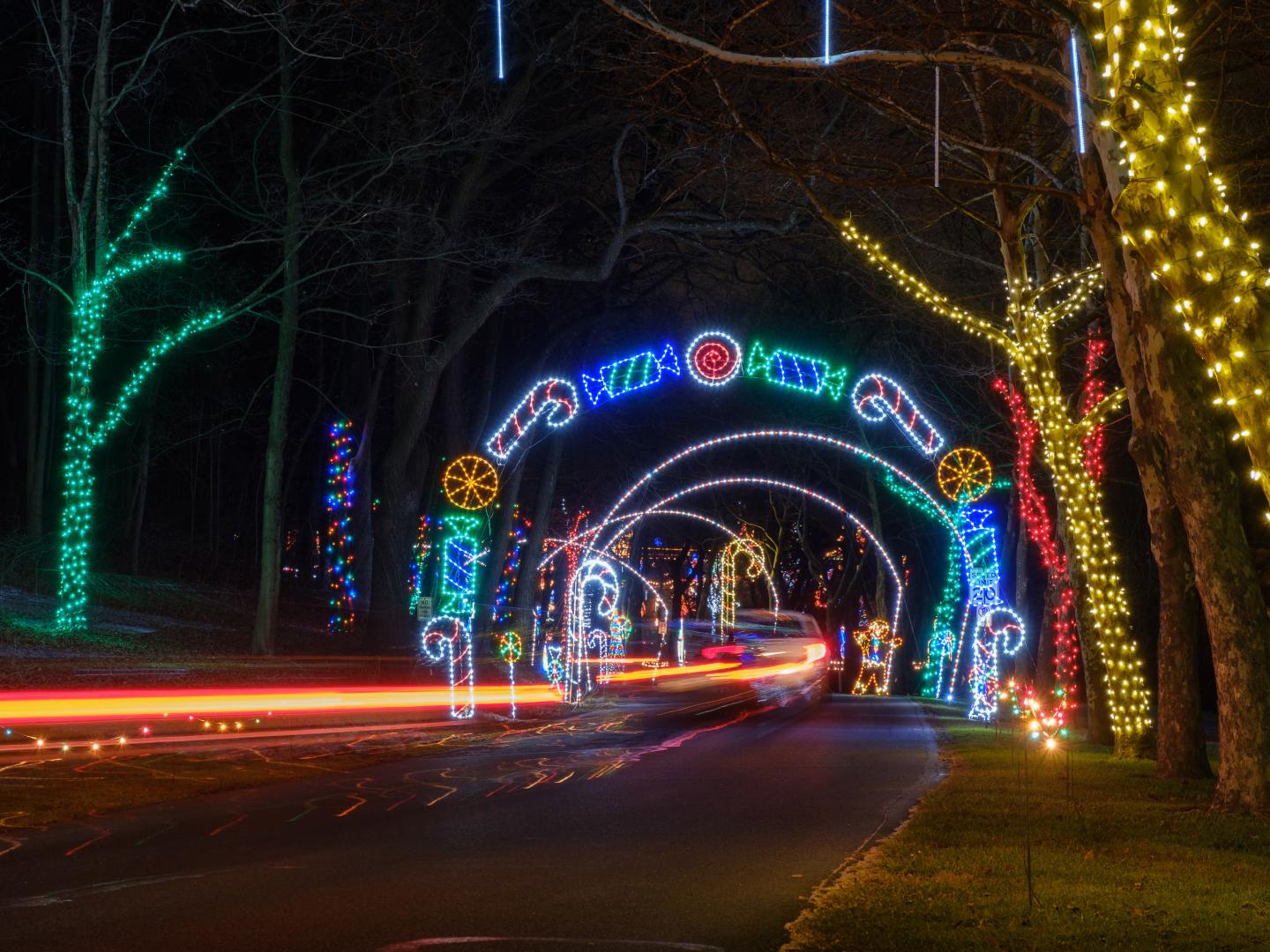 宾夕法尼亚州艾伦镇理海百汇 (Lehigh Parkway) 公园的节日灯光