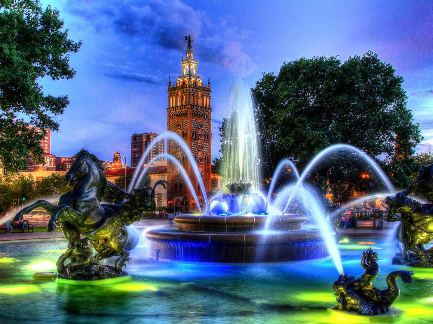 Dazzling display of the Mill Creek Park fountain in Kansas City