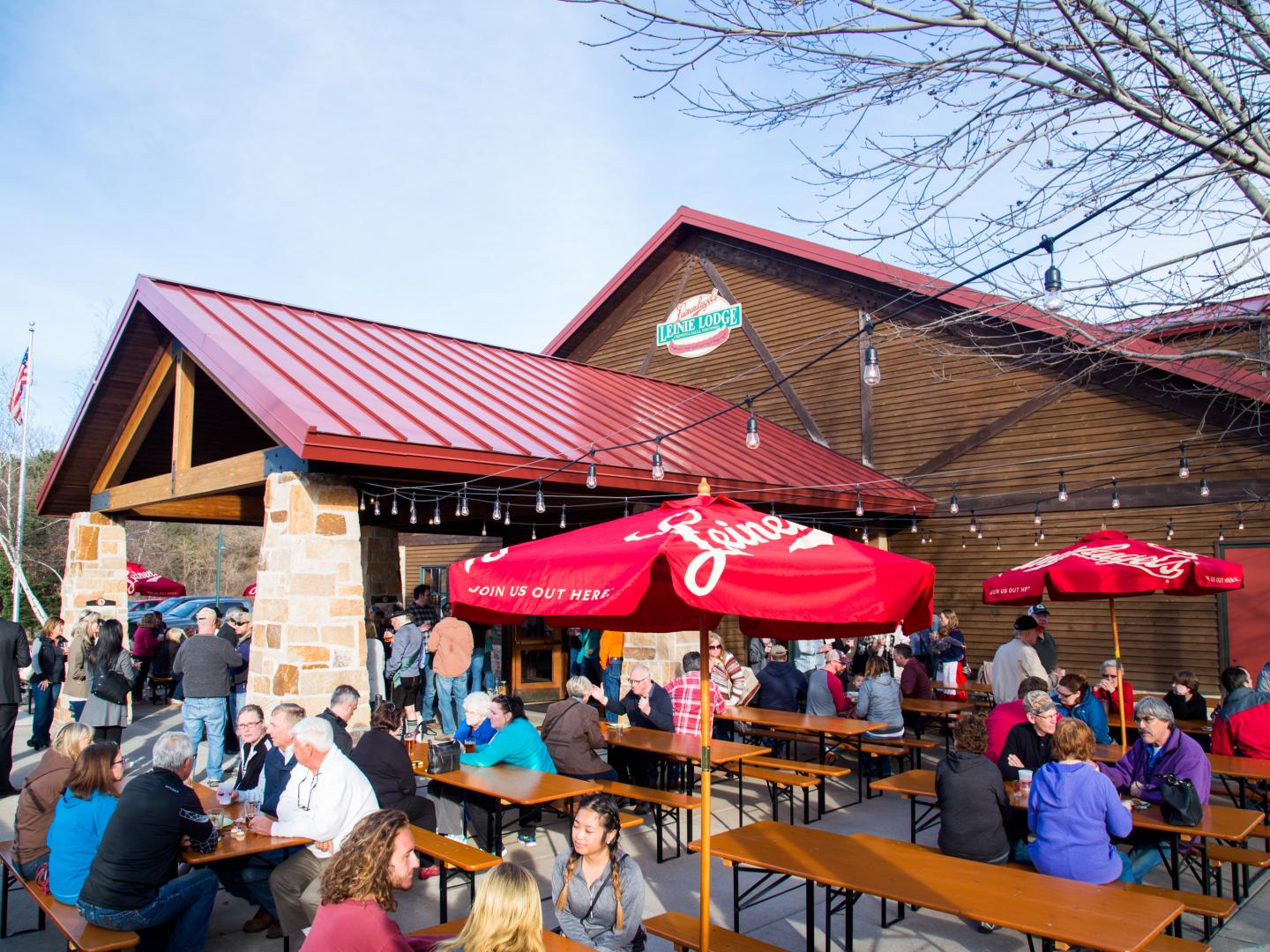 The outdoor patio at Leinie Lodge, where you can sample Leinenkugel beers in Chippewa Falls, Wisconsin