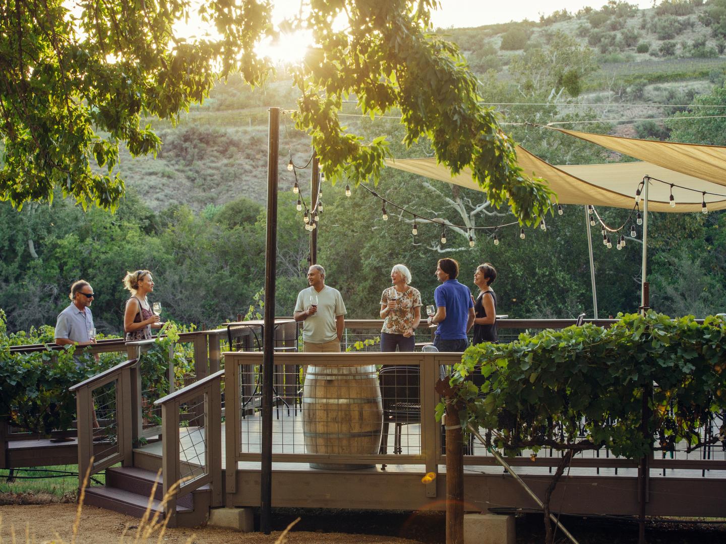 在亚利桑那州科恩维尔市 Page Springs Cellars 酒庄的露台上细品葡萄酒