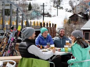 Relaxing at Town Lift Plaza after ski runs on the mountain Relaxing at Town Lift Plaza after ski runs on the mountain