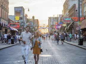 Evening stroll down the Beale Street Entertainment District in Memphis, Tennessee.