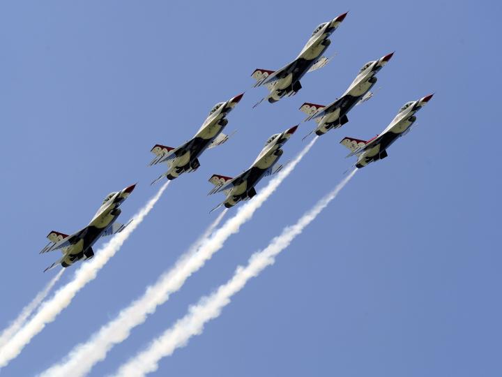 Planes soaring through the sky at the Duluth Air Show in Minnesota