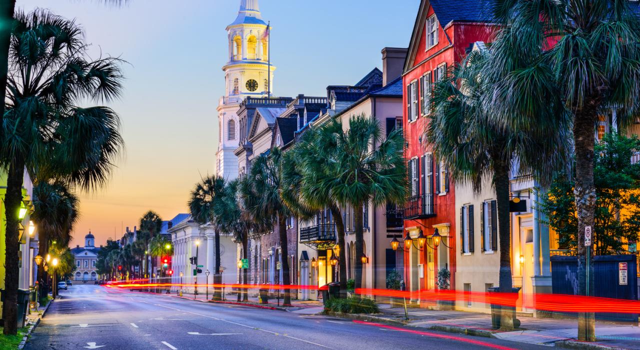 Colorful buildings line historic streets in Charleston, South Carolina