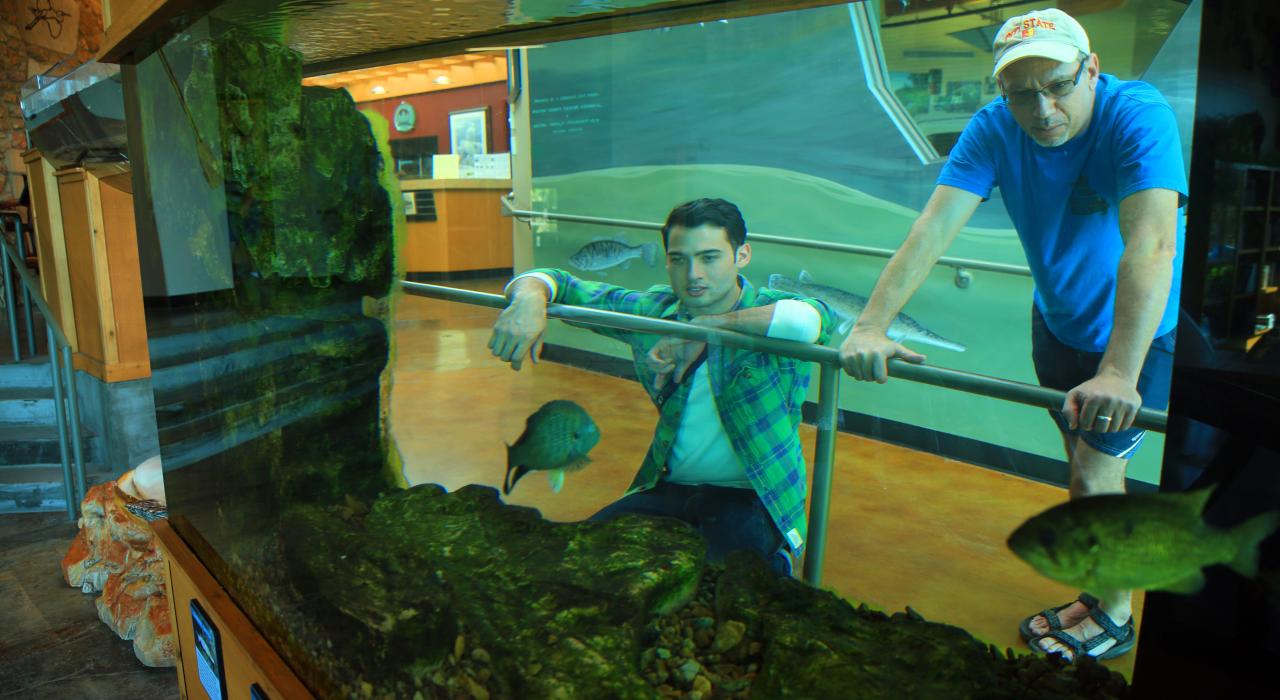 Fish tanks and interactive exhibits inside the Audubon Center in Joplin, Missouri