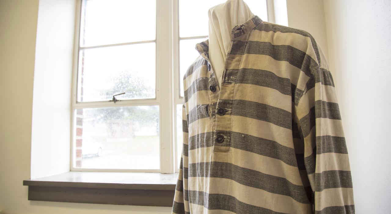 Antique prison uniform on display at a museum in Jackson, Michigan