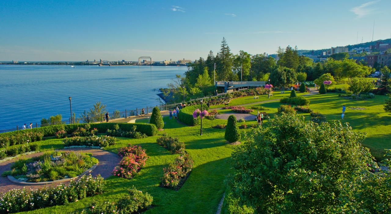 A clear day in the rose garden at Leif Erikson Park