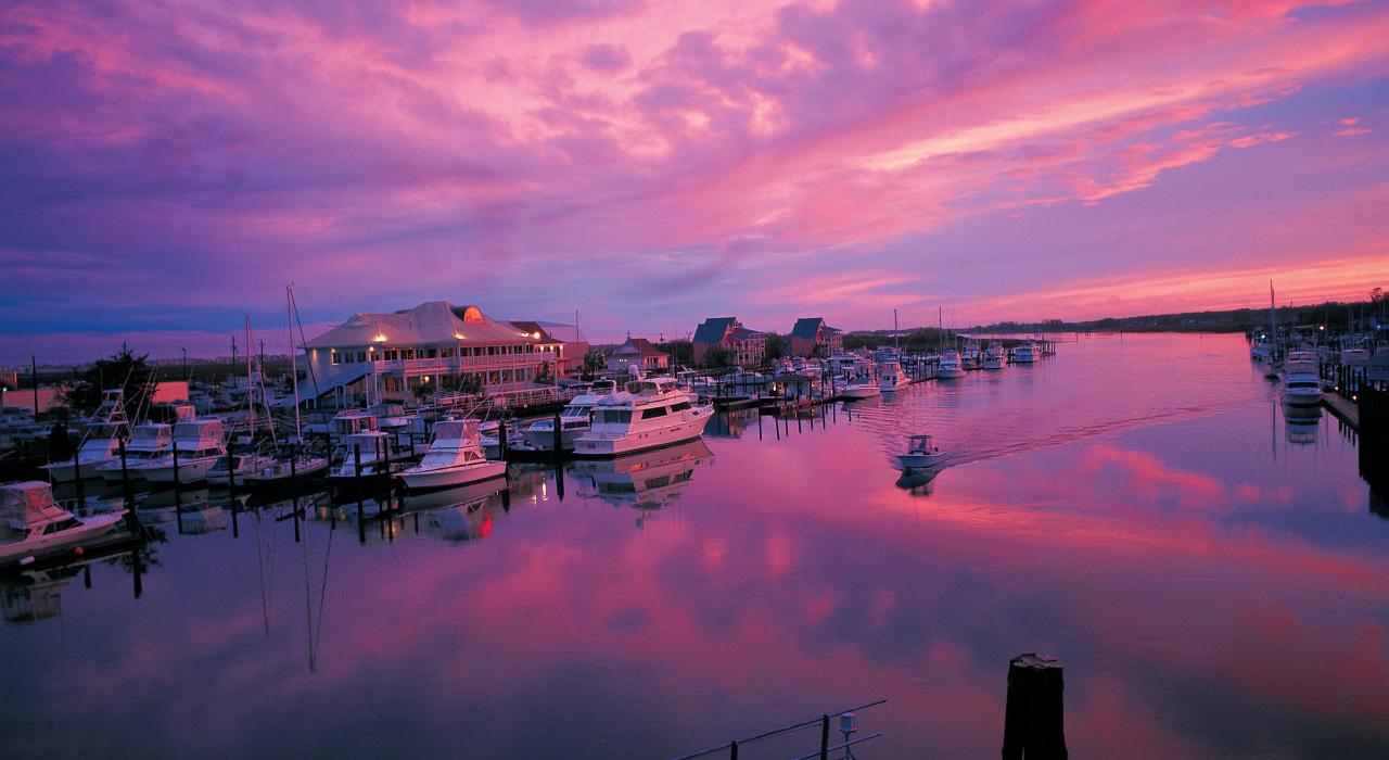 驶向距离北卡罗来纳州威明顿市中心 15 分钟车程的赖茨维尔海滩码头