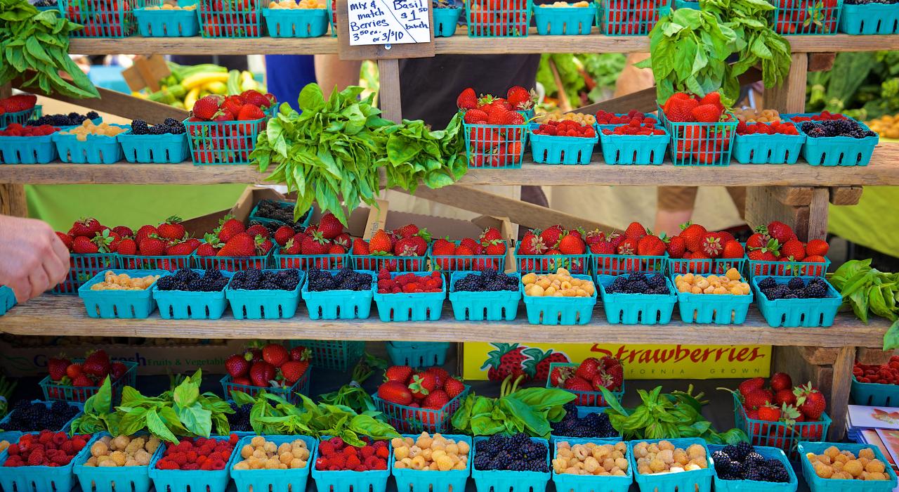 Sweet and juicy strawberries, the biggest local commercial crop, at a farmers' market
