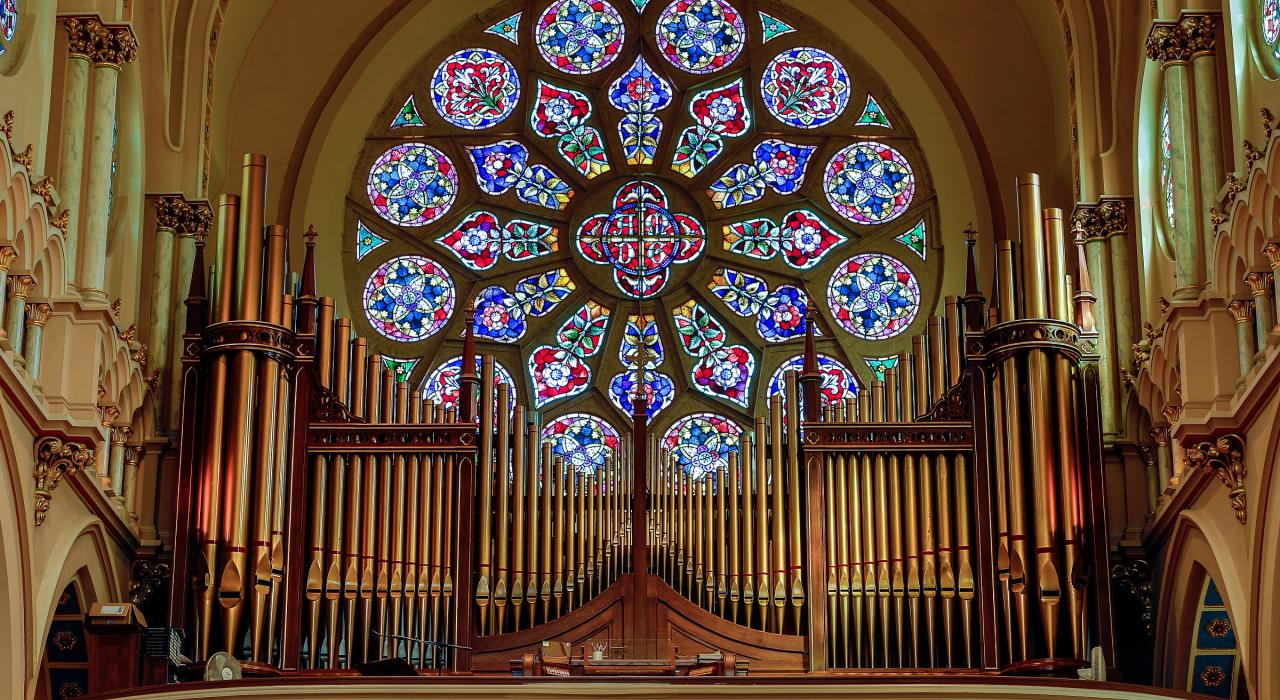 A sampling of more than 60 stained-glass windows in historic St. Joseph Catholic Church