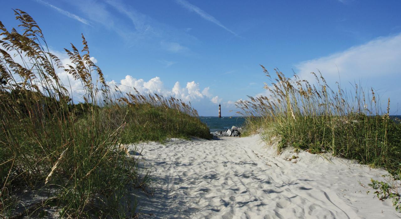 远处背景为莫里斯岛灯塔的海滩小径