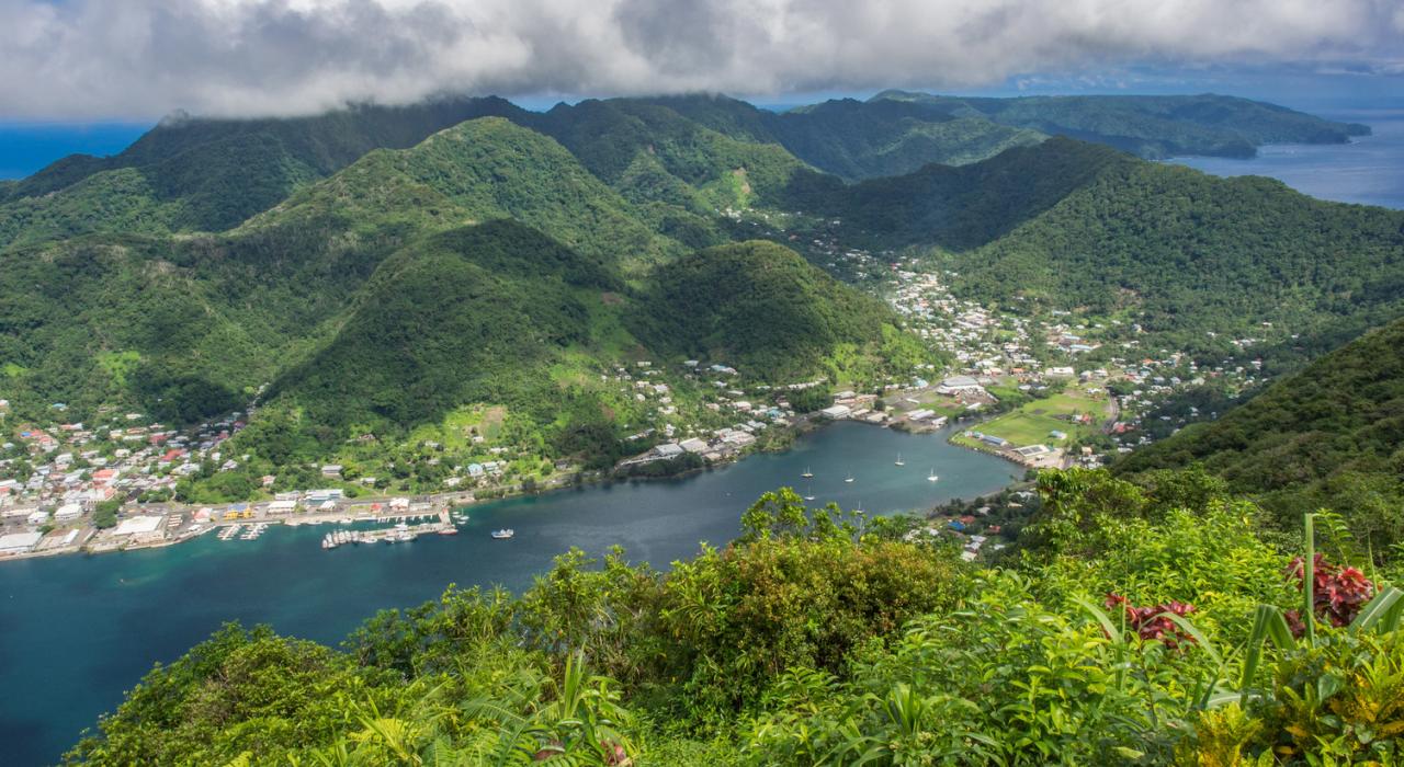 A bird’s-eye view of the Pago Pago village and harbor