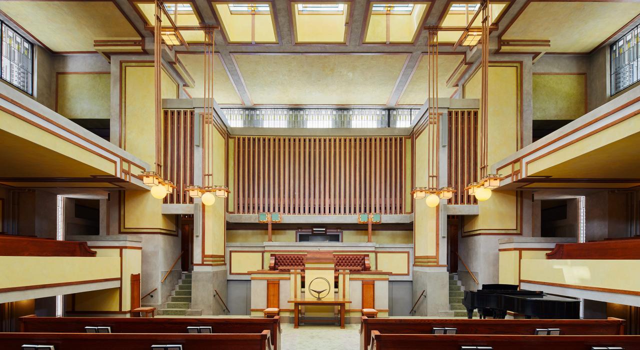 Vista del interior del Unity Temple, diseñado por Frank Lloyd Wright