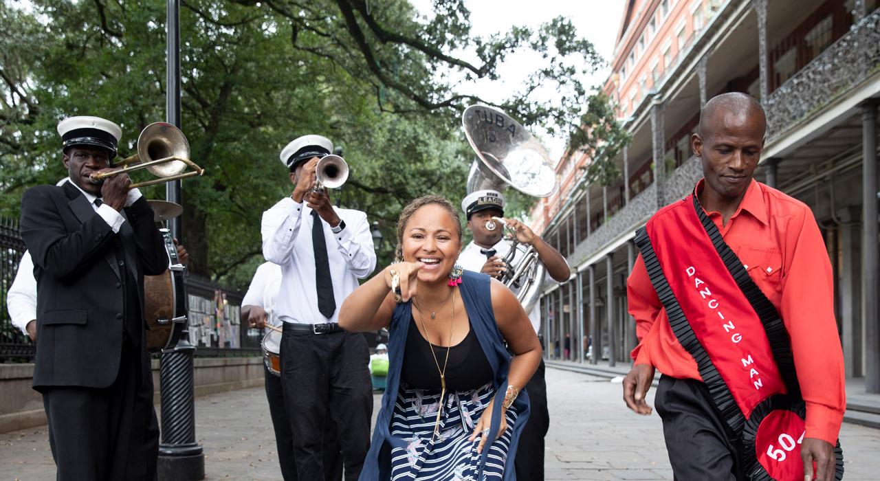 New Orleans jazz singer Robin Barnes with a second line band in the French Quarter