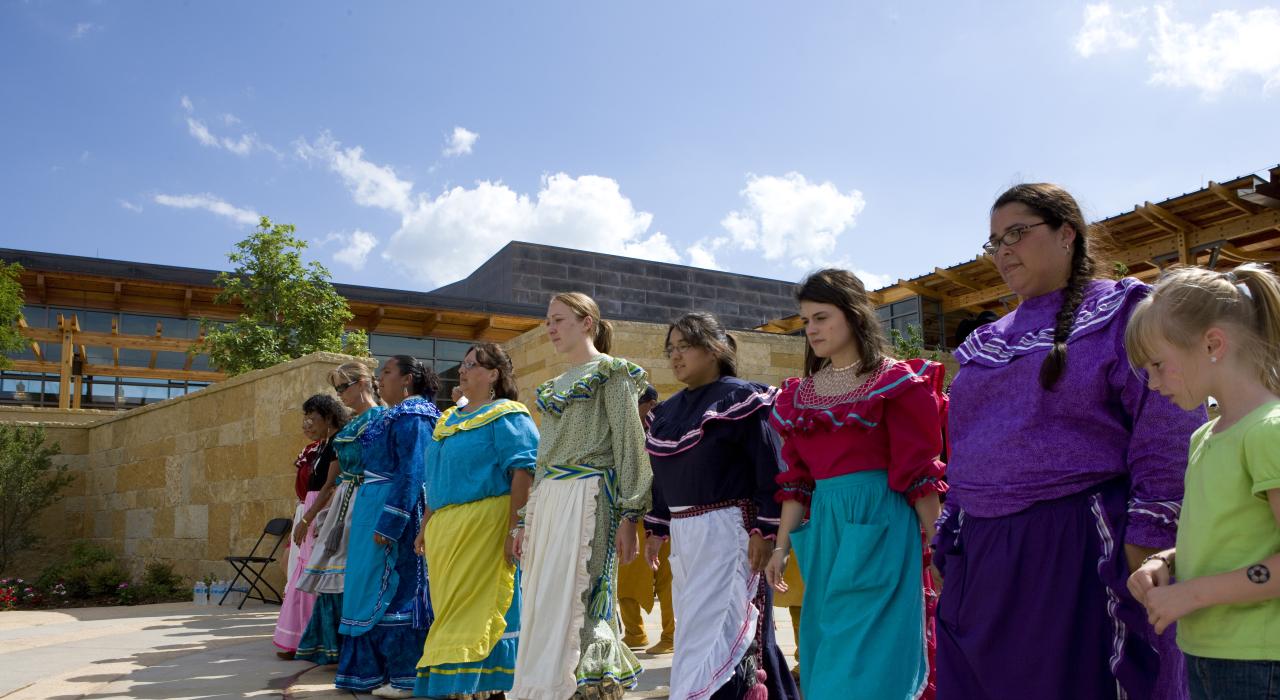 Chickasaw stomp dancers at the Chickasaw Cultural Center in Sulphur, Oklahoma