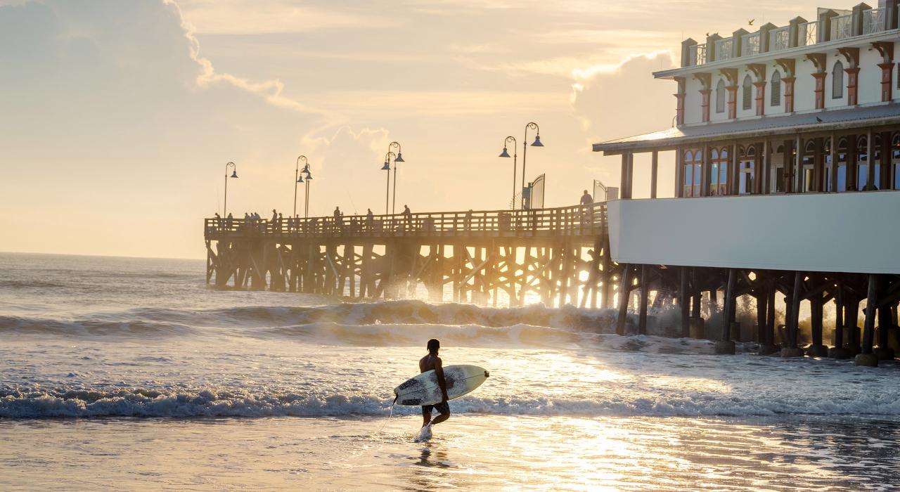 冲浪爱好者在代托纳比奇码头附近的水域中享受水上乐趣