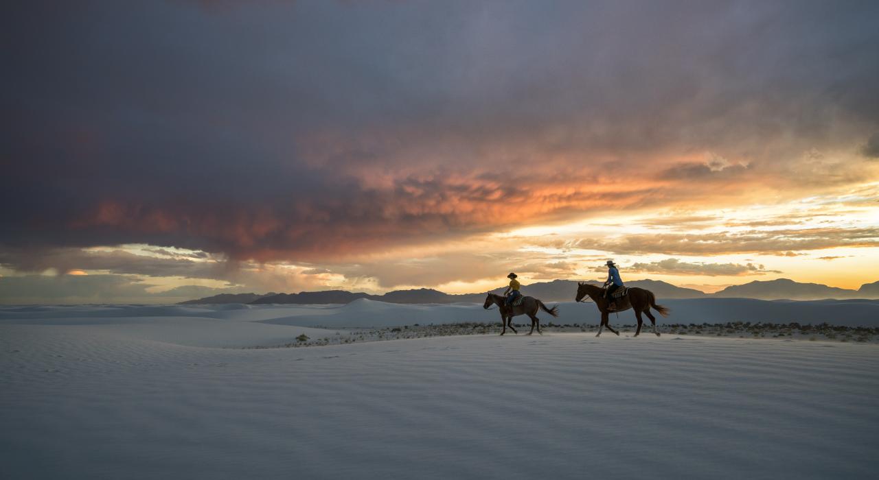 在新墨西哥州白沙国家公园骑马穿越沙漠 在新墨西哥州白沙国家公园骑马穿越沙漠