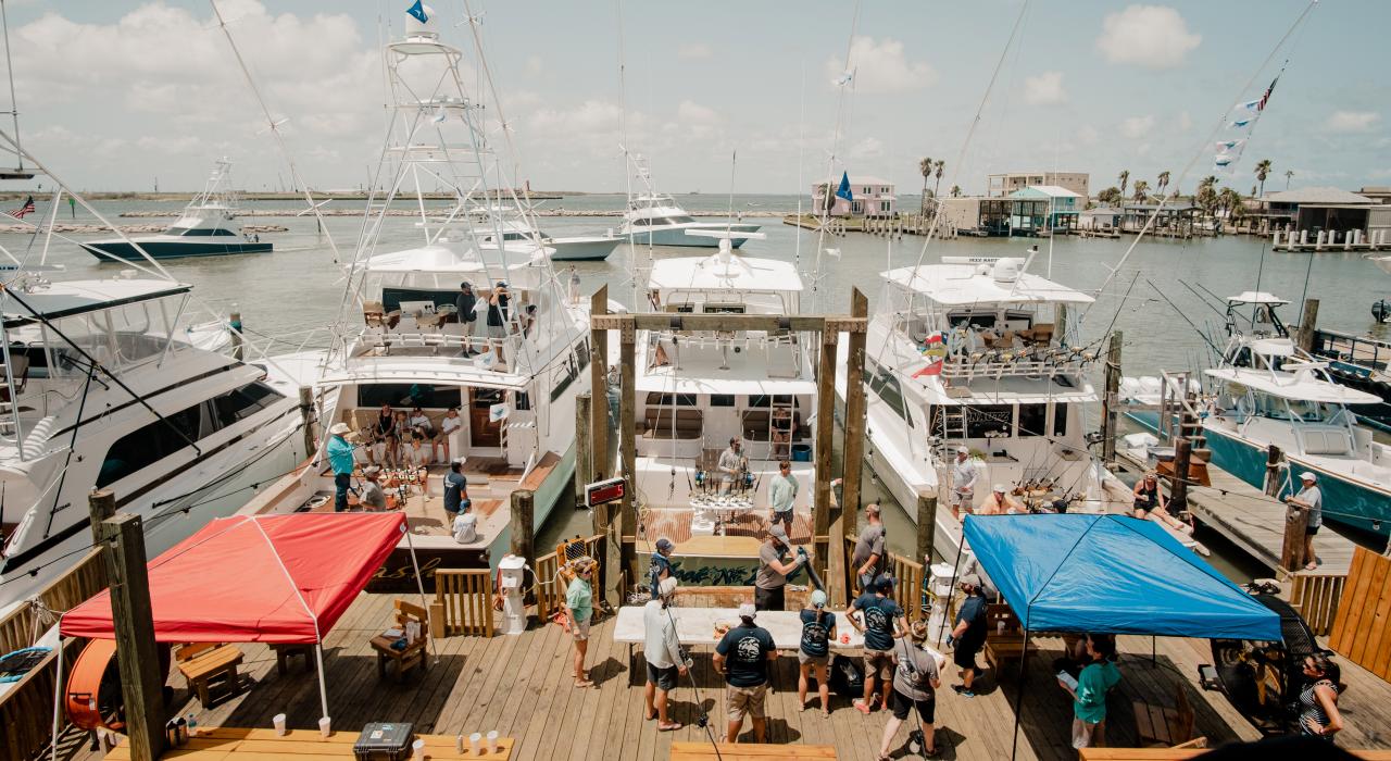 Boats docked at Virginia’s on the Bay Marina in Port Aransas, Texas